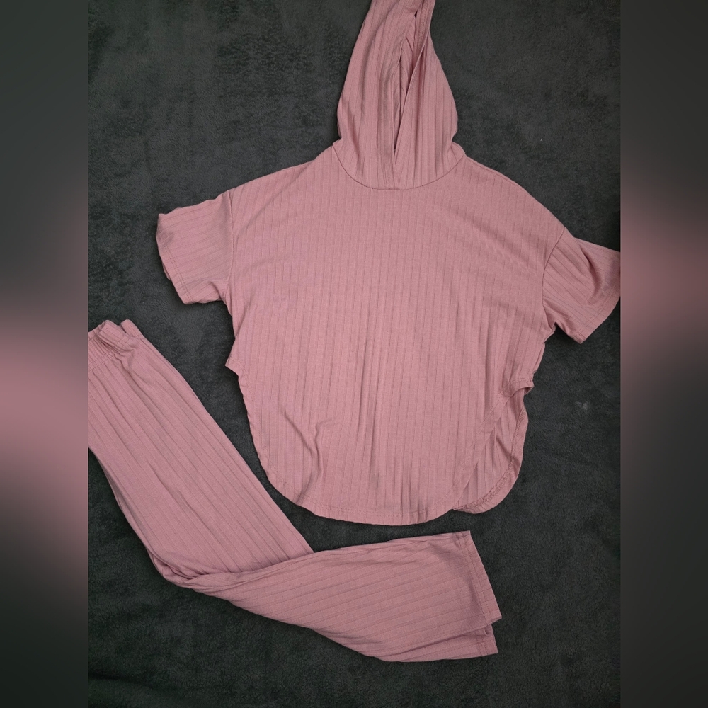 SHEIN Young Girl Drop Shoulder‎ Hooded Tee & Leggink Ribbed Hoodie and Pants Set